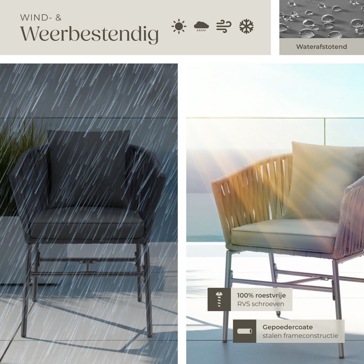 tectake® Tuinstoelen Valeiras - Set van 6 - Metalen Buitenstoel met Rope Design - Terrasstoel met Armleuningen - Tuinstoel - Tuin Fauteuil - Tuinmeubels - Tuinset met Waterafstotende Kussens en Verstelbare Poten thumbnail 6
