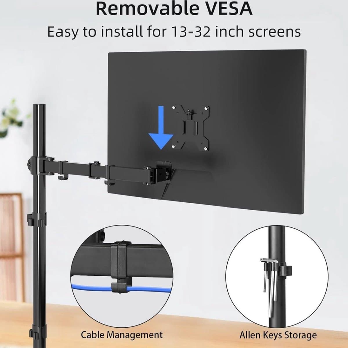 Monitor Standaard - Beeldscherm Standaard Enkele Monitor Arm (80cm in Hoogte Verstelbaar) voor 13-27 inch LCD LED Schermen VESA 75/100mm tot 10kg Tilt 90 ° Draaien 360 ° Monitorbeugel Monitorarm Beugel thumbnail 3