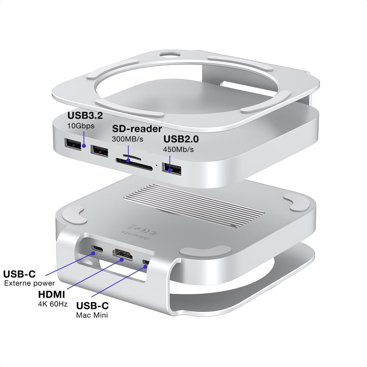 iMounts Mac Mini M4 docking station SSD - M.2 NVme externe opslag - USB-C - HDMI - SD-reader - Aluminium - Mac Mini M4- 2024/2025 thumbnail 2