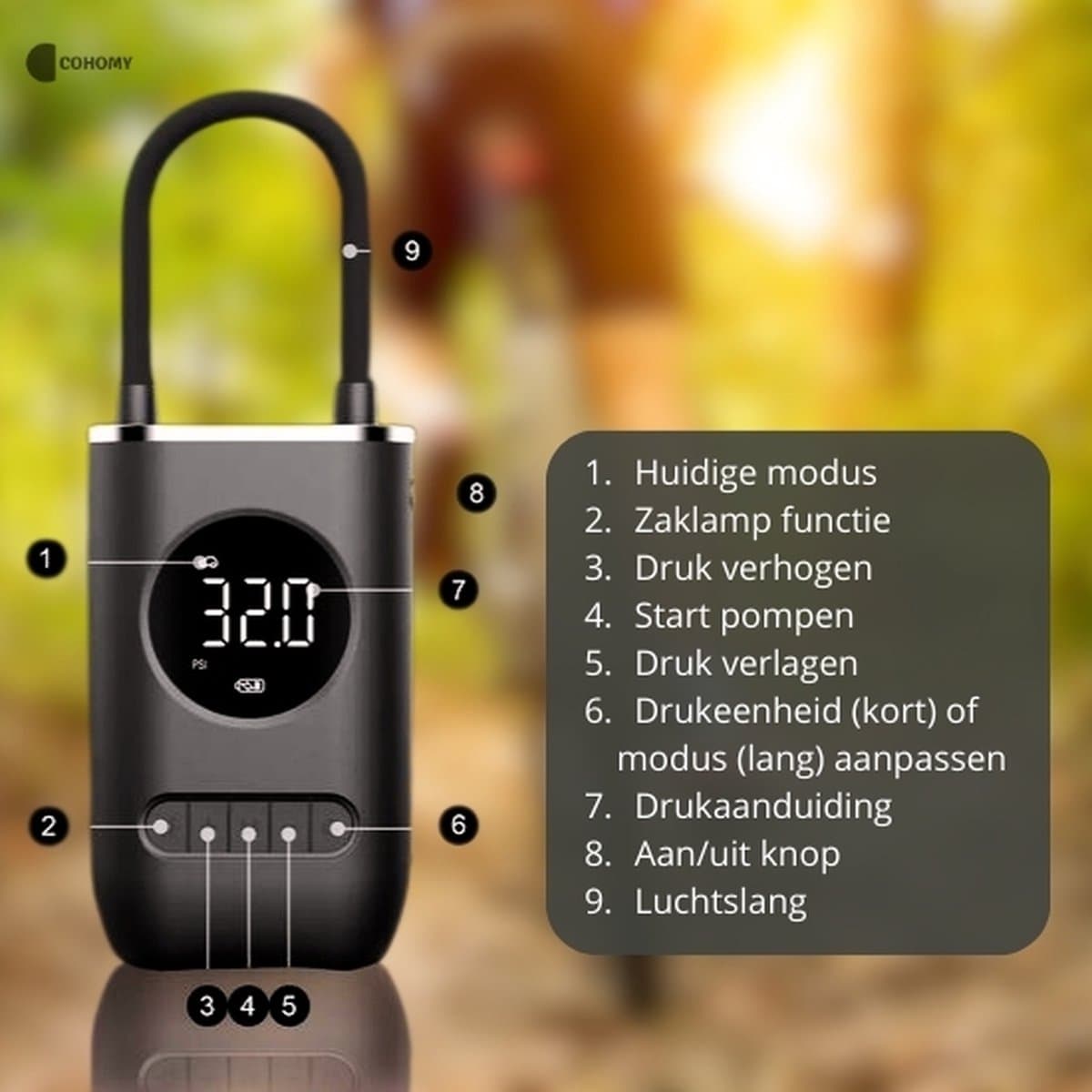 Elektrische Fietspomp - Bandenpomp Scooter Motor Auto - Draagbare luchtcompressor - Tot 10.8 bar - USB oplaadbaar thumbnail 6