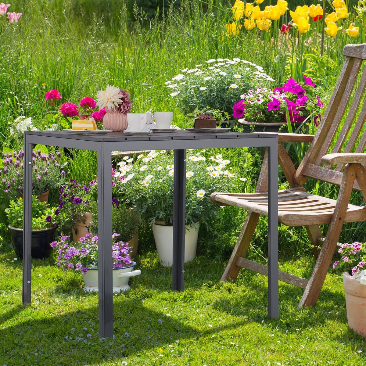 tuintafel houtlook - 74 x 78 x 78 cm - balkontafel - 100 kg - staal - kunststof thumbnail 2