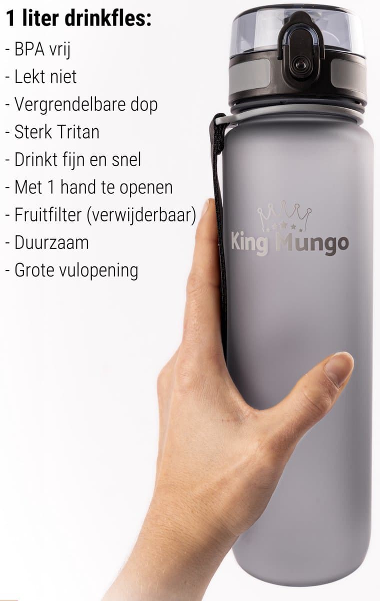 King Mungo Drinkfles 1 Liter Mat Grijs - Waterfles & Sport Bidon Volwassenen - 100% Lekvrij & BPA-vrij Tritan - Vaatwasserbestendig Zonder Rietje - Drinkbus 1000ml Cadeau thumbnail 2