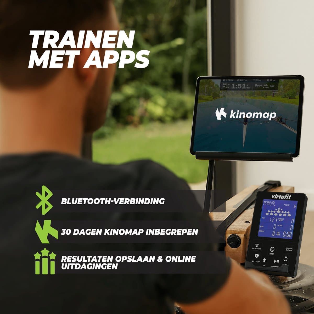 VirtuFit Elite Roeimachine met Waterweerstand - Eikenhout - Ruimtebesparend - Bluetooth - Kinomap & EXR Compatibel - Roeitrainer - Roeiapparaat thumbnail 4
