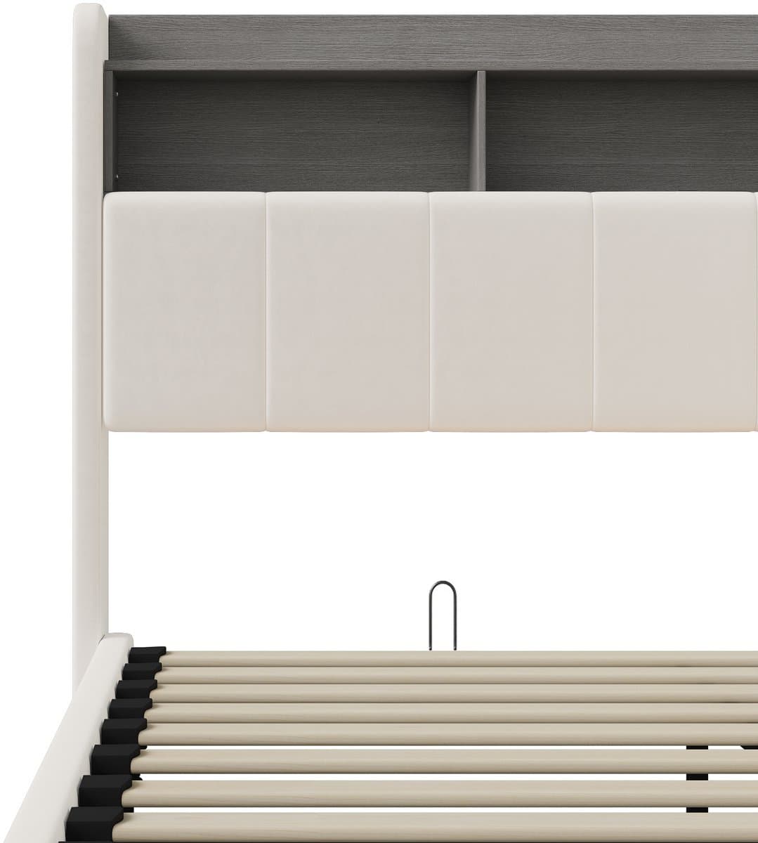 Hydraulisch Tweepersoons Opbergbed 160x200 cm Wit Fluweel met LED, USB en Bedhoofdopslag thumbnail 3