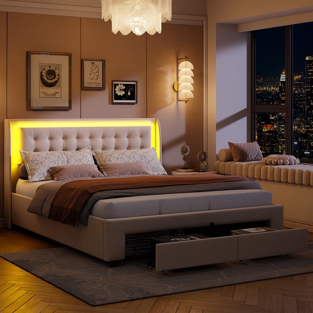 Gasveerbed met LED-verlichting in het hoofdbord, met lades en opbergruimte onder het bed, modern design, 180x200 cm – Beige thumbnail 4