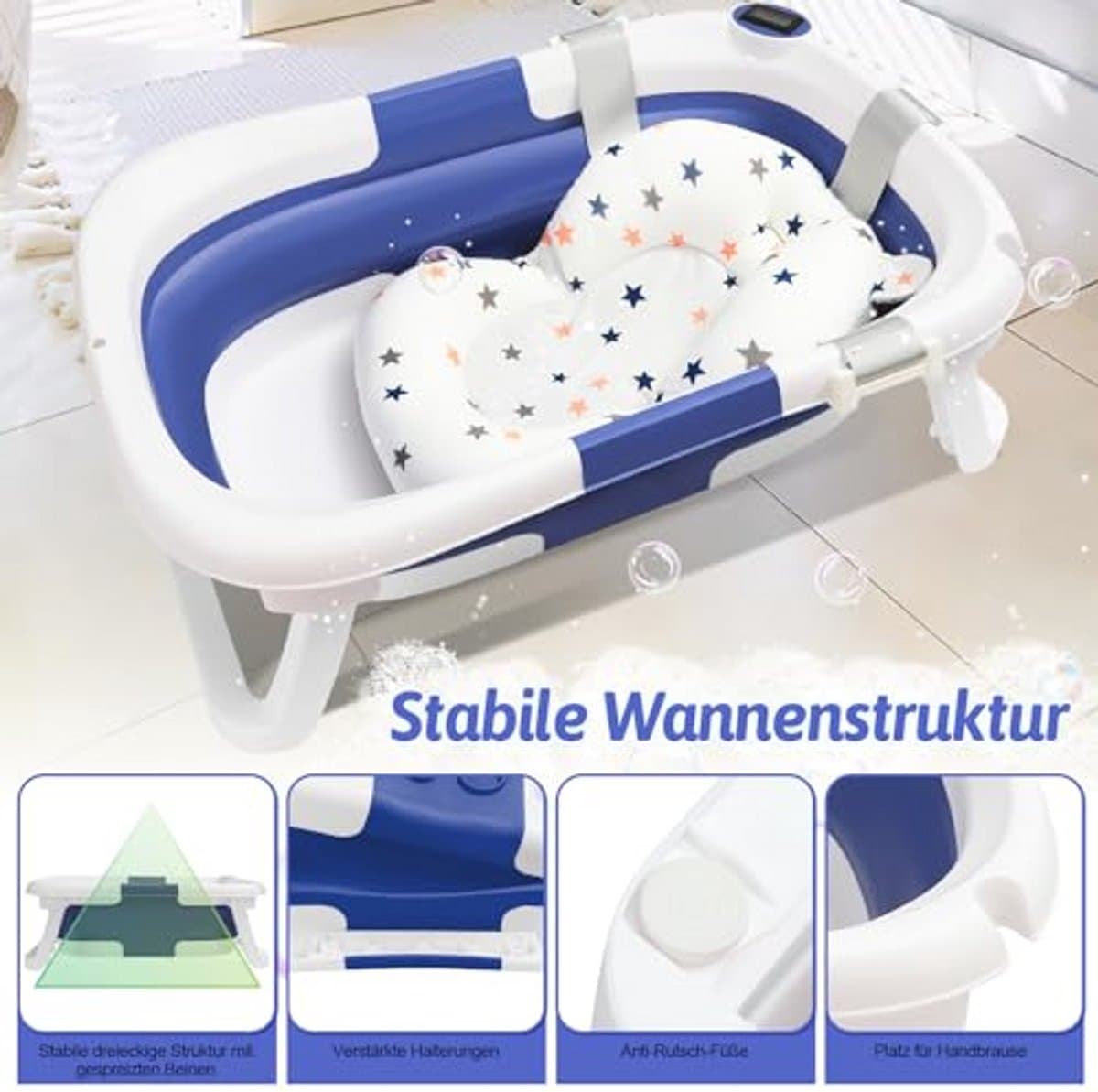 Opvouwbare babybadkuip voor pasgeborenen en peuters met thermometer - Draagbare babybath voor 0-36 maanden in blauw thumbnail 3