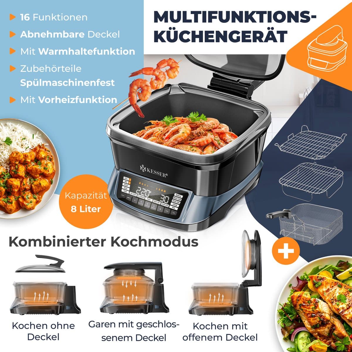 KESSER® Multicooker Airfryer 8L met 16 Kookfuncties Inclusief Stoomkoker, Rijstkoker, Grill Apparaat thumbnail 3
