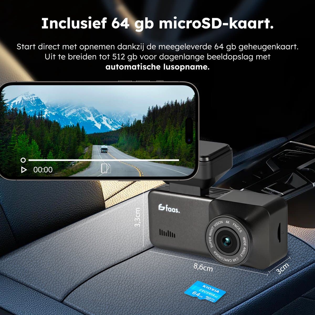 Dashcam - Incl. GPS functie - Voor en achter camera - met 64GB SD - 4K Full HD - Dashcam voor Auto - Zwart - Faas thumbnail 6