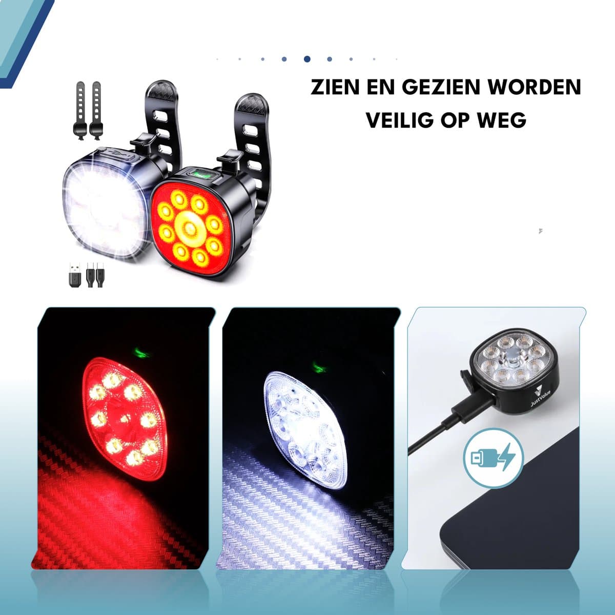 JustValue Fietsverlichting - USB oplaadbaar - Voorlicht & Achterlicht - 8+7 Lichtstanden - IP65 Waterdicht - Led Fietslamp - Valbestendig - Koplamp fiets - Zwart thumbnail 4