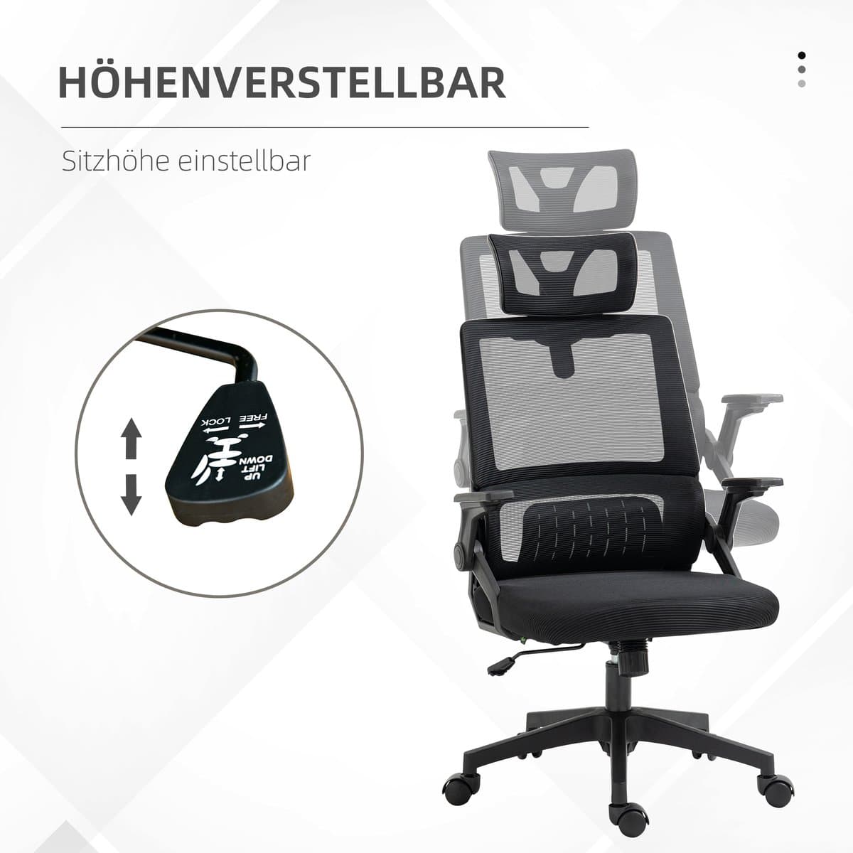 Vinsetto Bureaustoel Ergonomisch, Bureaustoel met Verstelbare Hoofdsteun, Armleuning Hoogte Verstelbare Computerstoel Draaistoel met Schommelfunctie, Lendensteun, Mesh, Zwart thumbnail 5