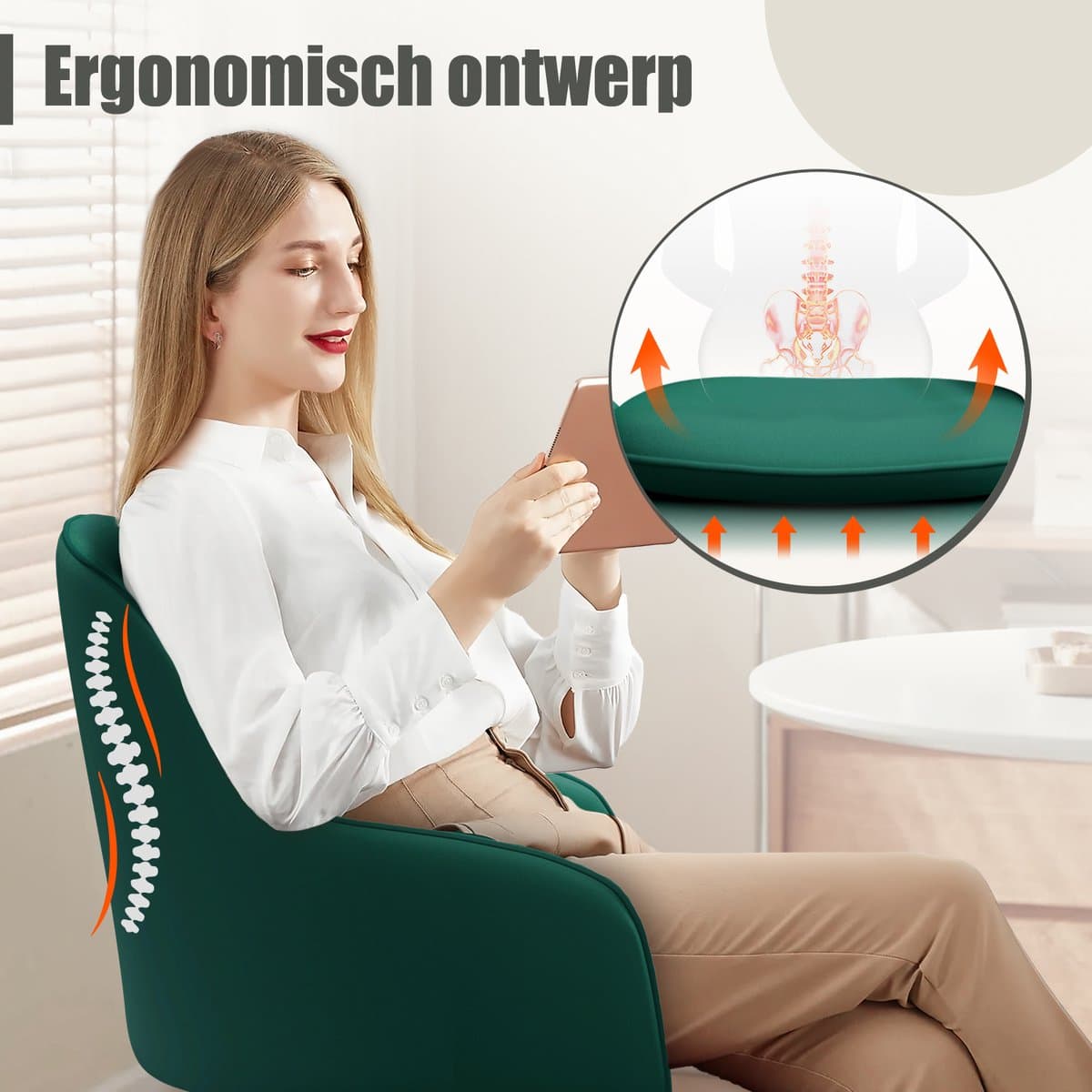 Hiaonyx Bureaustoel-Ergonomische bureaustoel-bureaustoelen voor volwassenen-Dubbel gelaagd zitkussen-360 graden draaibaar-Metalen onderstel-Donkergroen thumbnail 2