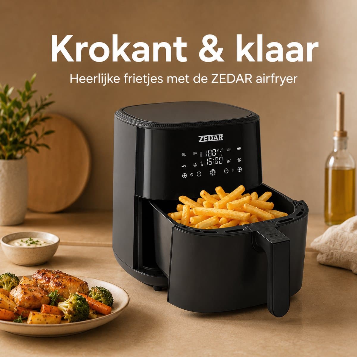 Airfryer XXL - Met APP - Groot 8 Liter - Heteluchtfriteuse - Zwart - Digital Touchscreen - 50 voorgeprogrammeerde gerechten Zedar AF600 thumbnail 4