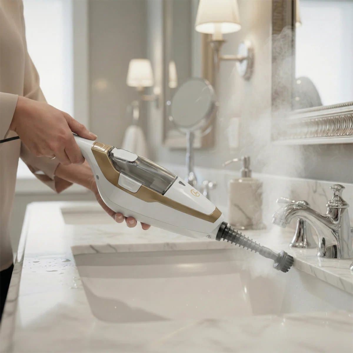 AG Stoomreiniger – 10-in-1 Steam Cleaner – Handstomer – Kledingstomer – Handstoomreiniger – Dieptereiniging voor Vloeren, Badkamer, Tegels, Ramen & Textiel – Vlekkenreiniger – 1500W – 115°C – Inclusief 13 Accessoires – White Gold Edition thumbnail 7