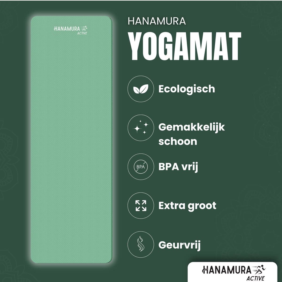 Hanamura Active Yoga Mat - Inclusief draagbare Opbergtas & strap - Fitnessmat van TPE Materiaal - Milieuvriendelijke Fitness Mat - 183x61 - Pilates Mat van 8 mm dik - Mintgroen thumbnail 4