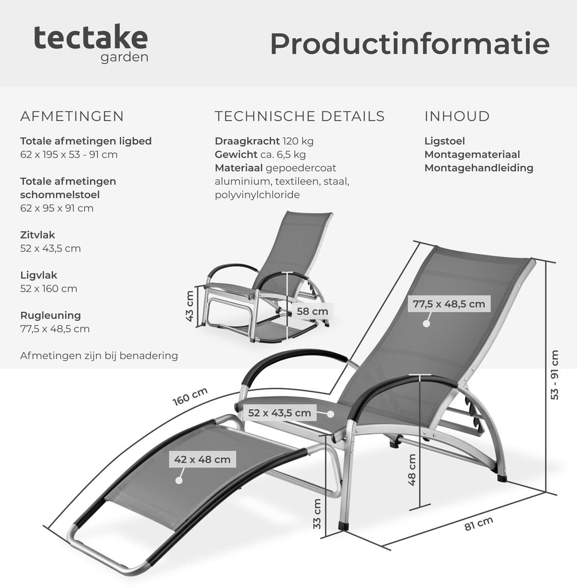 tectake® Ligbed Avignon - 2-in-1 verstelbare ligstoel - Schommelstoel voor buiten - Weerbestendig frame en waterafstotend, luchtdoorlatend weefsel - Tuinstoel - Balkonstoel - 195cm lang - Antraciet thumbnail 6