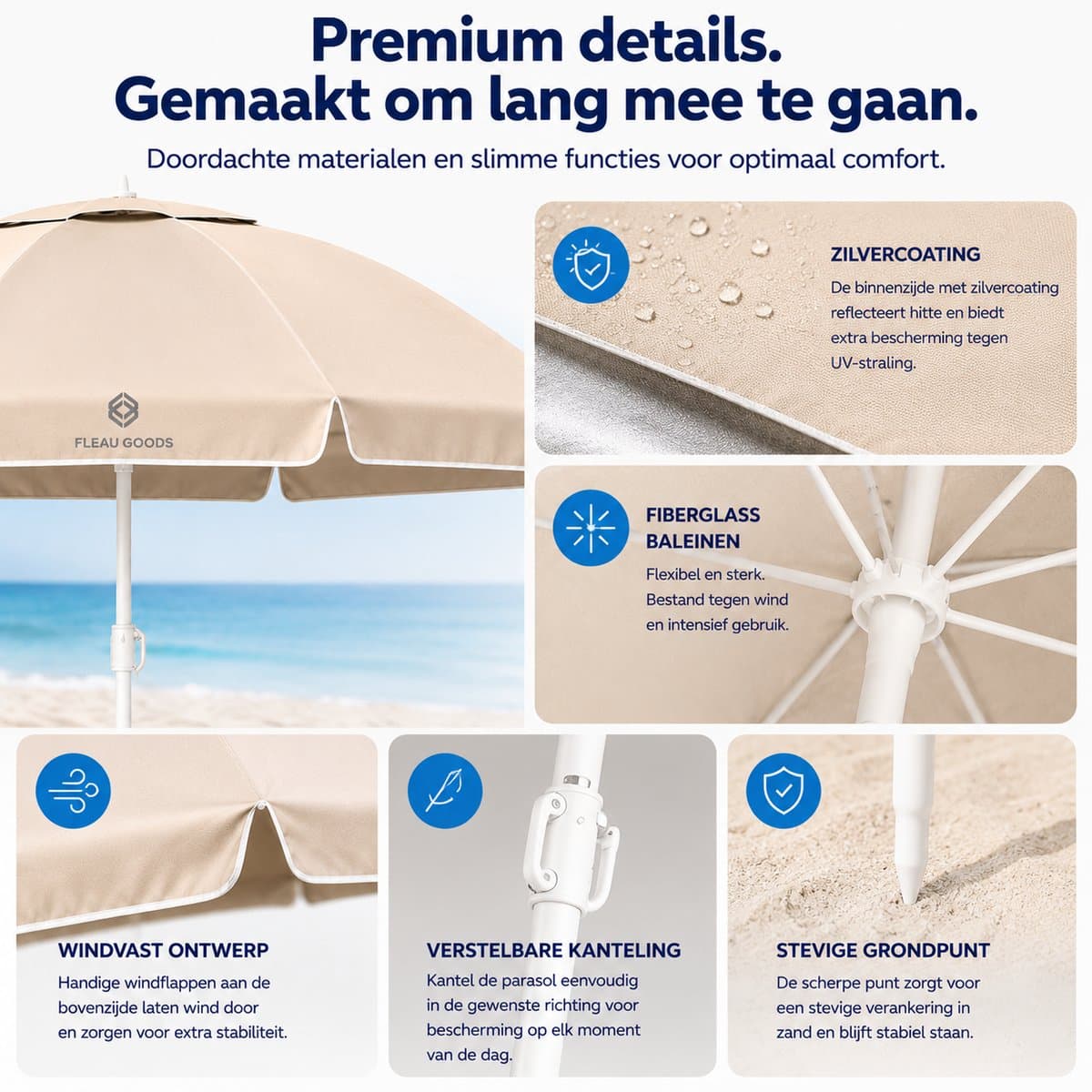 Fleau Goods Strandparasol - Parasol Strand / Tuin - Diameter 180 cm - Verstelbaar - UV Bescherming - Stokparasol - Tuinparasol - Met Draagtas - Beige thumbnail 6