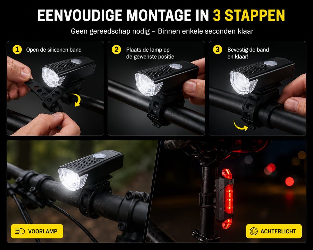 JMT-one - Fietsverlichting Oplaadbaar USB – Fietslampjes Set Voor en Achter – LED Fietslicht Voorlicht Achterlicht – Waterdicht – Fiets Lampjes Set – MTB Racefiets Stadsfiets – Zwart thumbnail 4