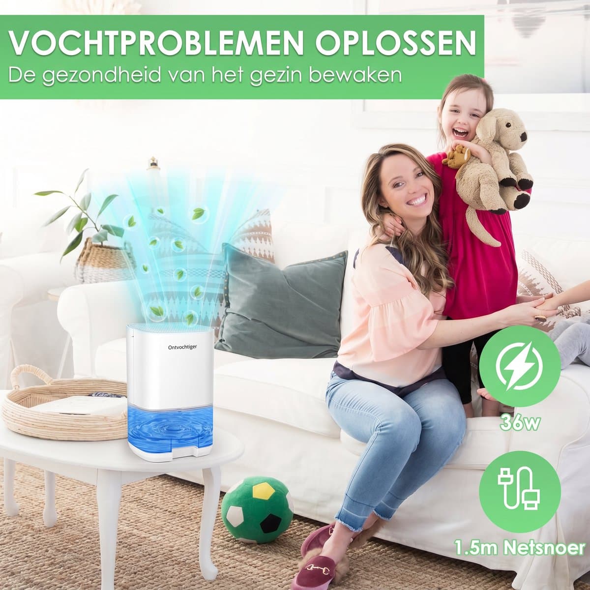 Dreamhigh® 1000 ml Luchtontvochtiger - Elektrische Ontvochtiger - Geruisloos en Efficiënt - Compact - ABS - Overloopbeveiliging - voor Slaapkamer en Badkamer - Ontvochtiging 350 ml/dag - Wit thumbnail 5