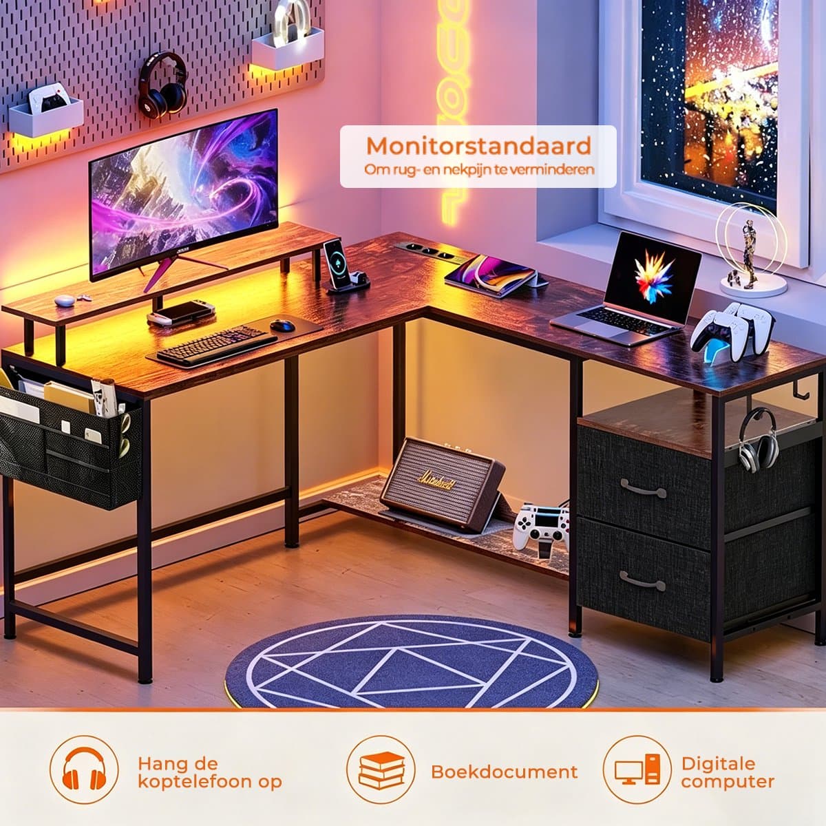 Gaming Bureau met LED Verlichting - 120x120x75cm - L-Vormig Game Bureau met Stopcontact - 2 Non Woven Lade - Gaming Desk - Computer Tafel - Gaming Tafel - Bureau voor Gamen, Studeren en Werken - Vintage Bruin thumbnail 7