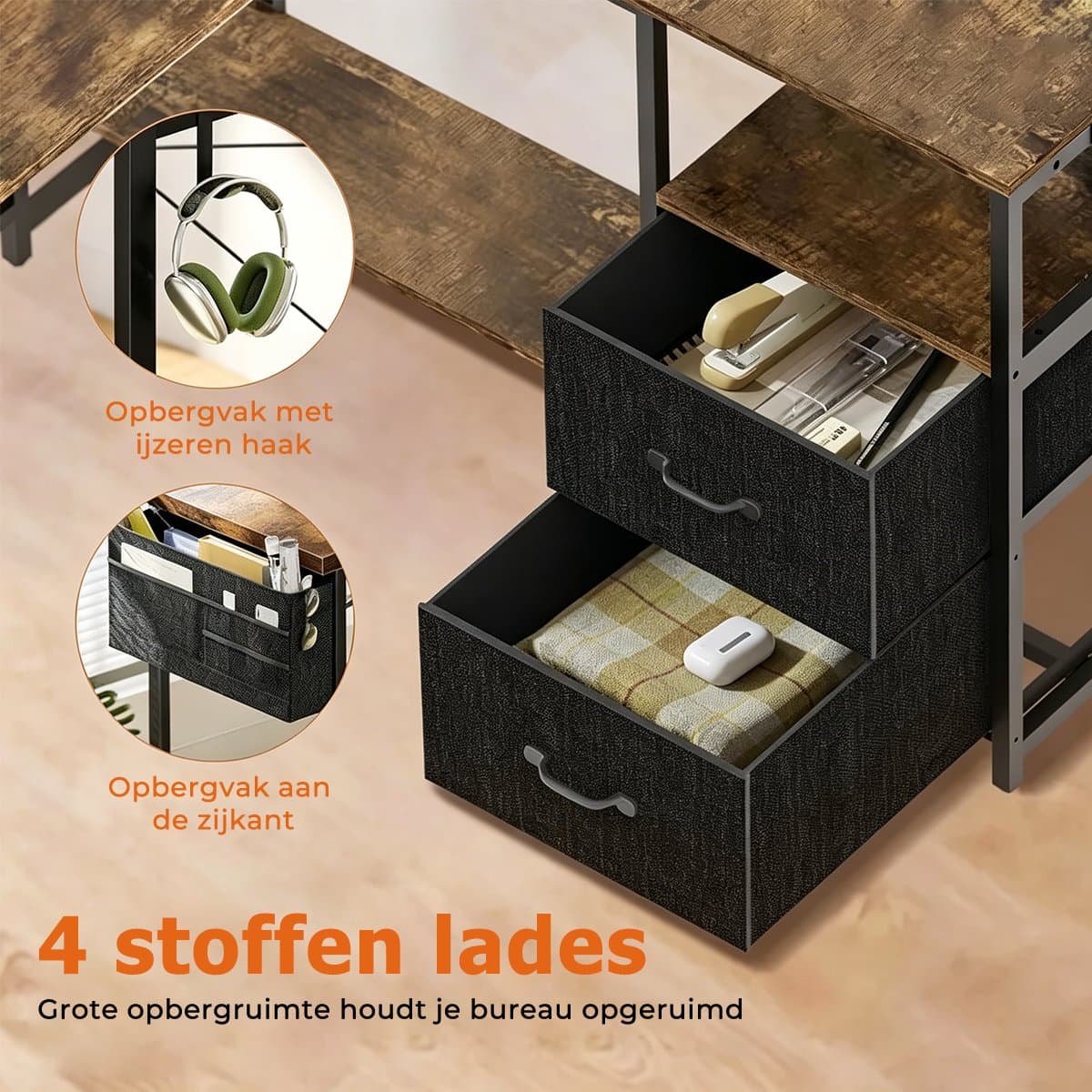 Gaming Bureau met LED Verlichting - 120x120x75cm - L-Vormig Game Bureau met Stopcontact - 2 Non Woven Lade - Gaming Desk - Computer Tafel - Gaming Tafel - Bureau voor Gamen, Studeren en Werken - Vintage Bruin thumbnail 6