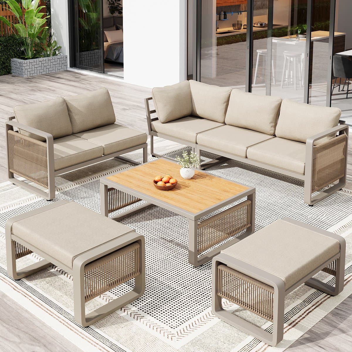 Sweiko Tuinset - Loungeset - Hoekbank + 2 hocker + Salontafel - Modulair meubilair - Met kussens - Metalen frame - Beige thumbnail 8