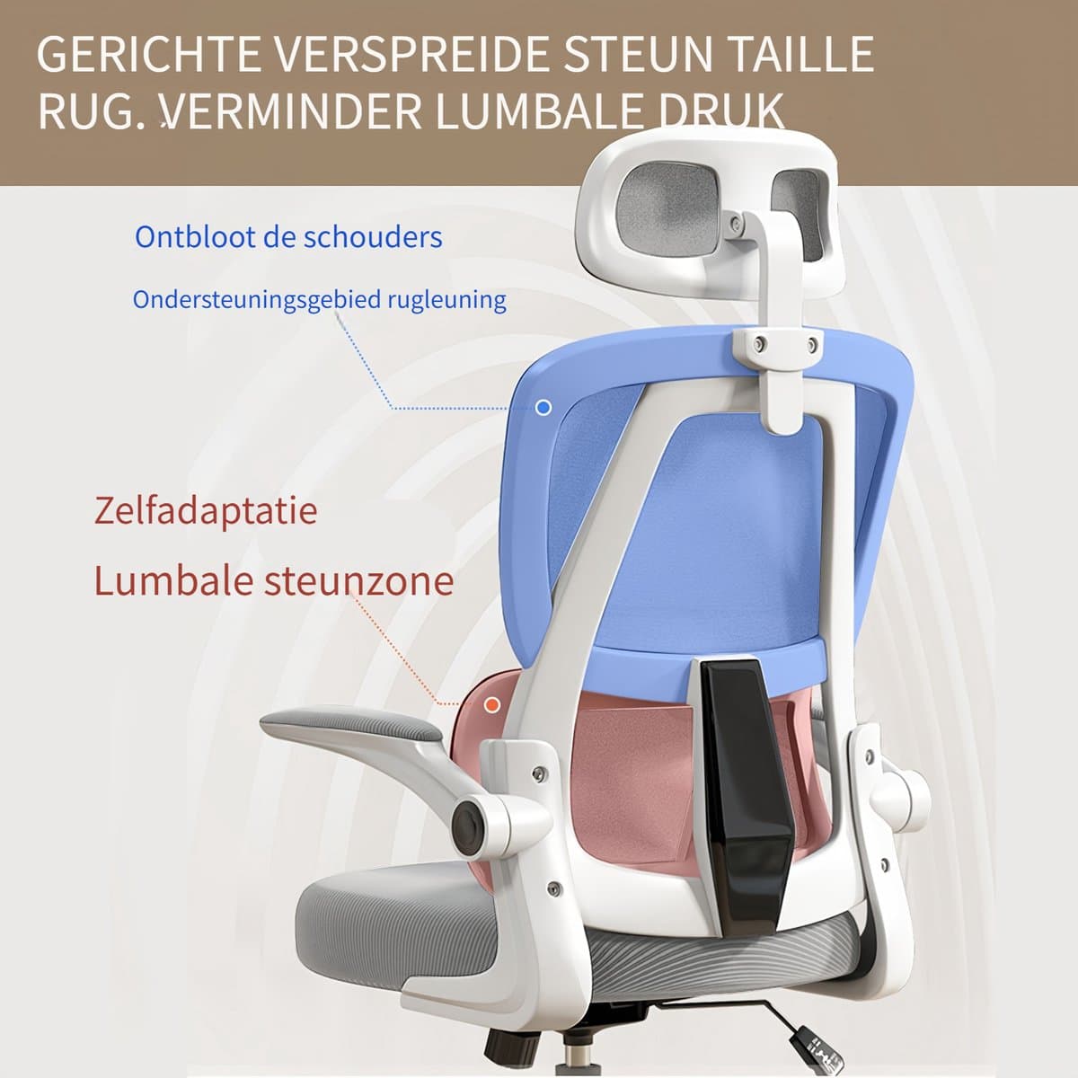 Ergonomische bureaustoel-Draadloze Stoffen Hoge Rug Computerstoel-Kantoorstoel Comfortabel met Armleuningen-Lendensteun-Hoofdsteun-Metaal- (Zwart en wit) thumbnail 5