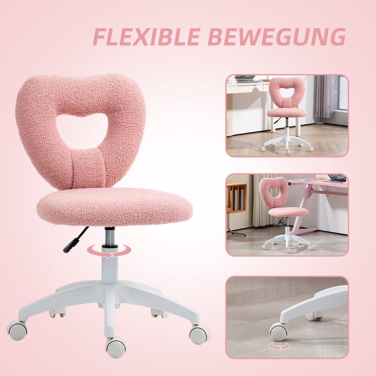 STILVORA Bureaustoel Met Hartvormige Rugleuning En Wieltjes - Verstelbaar - Voor Make-up Tafel, Thuiswerk En Studie - Polyester - Roze thumbnail 5