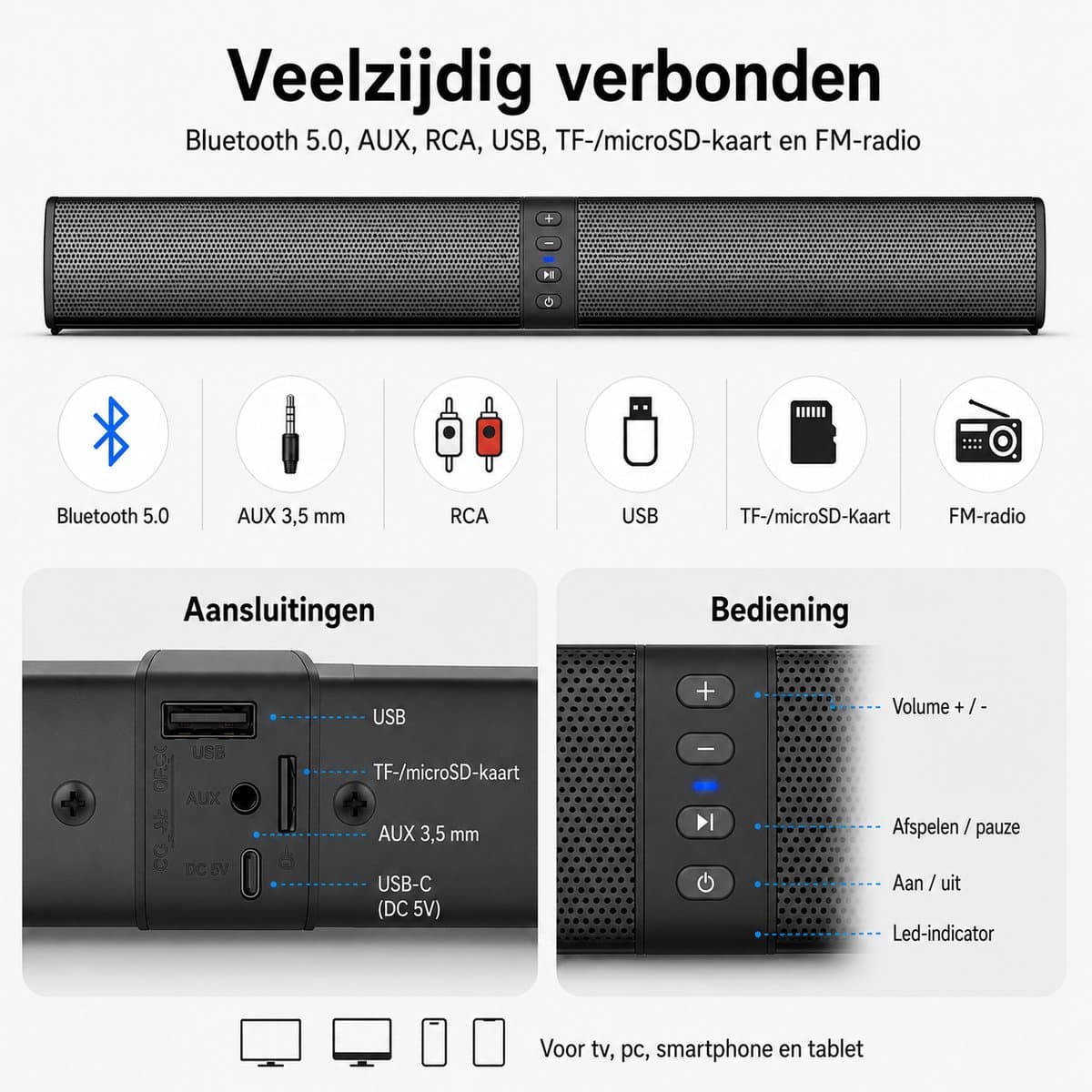Gloovon® Deelbare Soundbar & PC Speakers - Bluetooth 5.0 & Bedraad - 20W Stereo Audio met 2000mAh Accu - AUX, RCA & USB - Zwart thumbnail 4