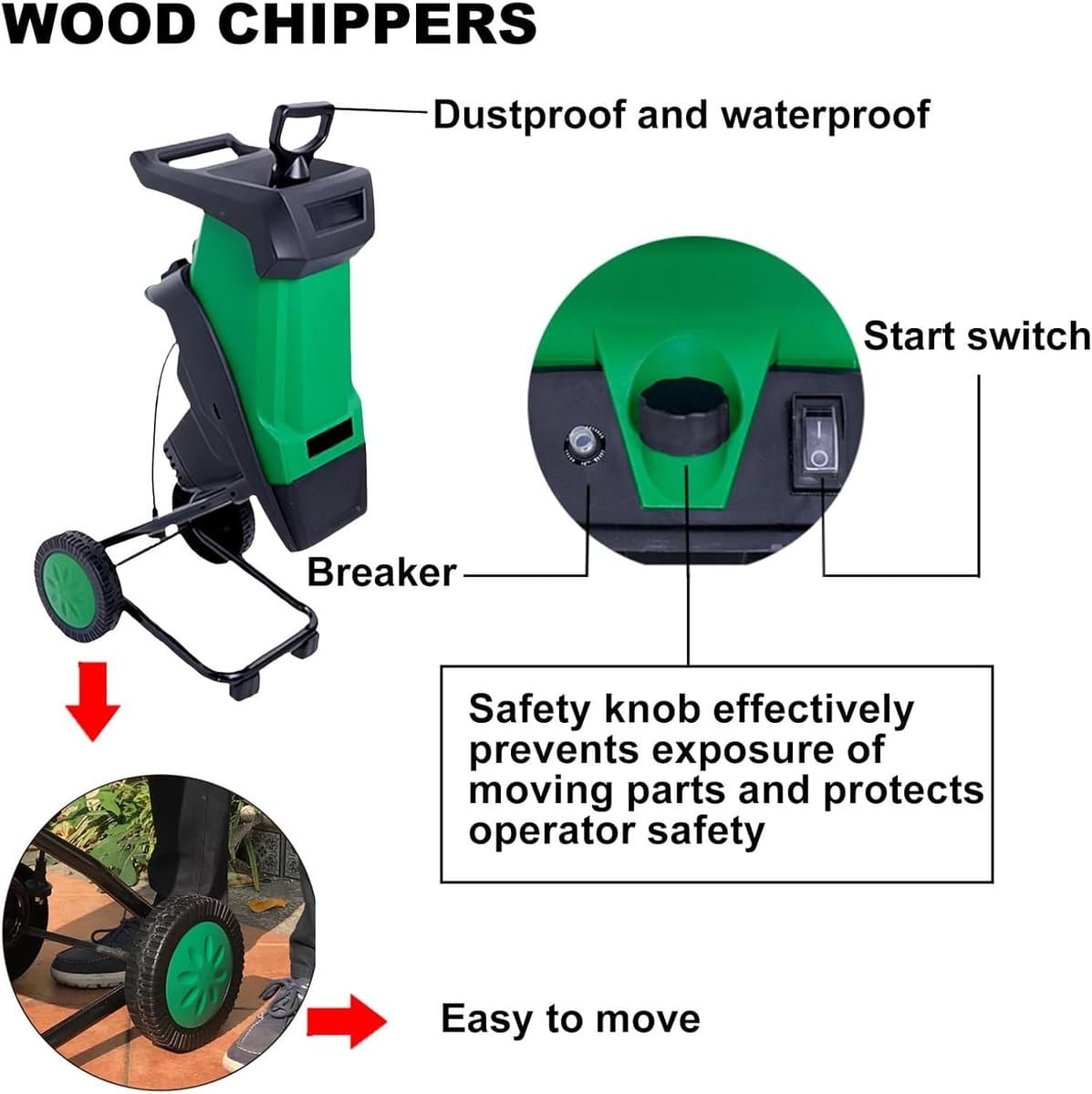 Elektrische Houtversnipperaar - Tuinversnipperaar Mulcher - Tuinonderhoud Composteren - Krachtige 2400W Motor - 50L Opvangzak - Groen thumbnail 4