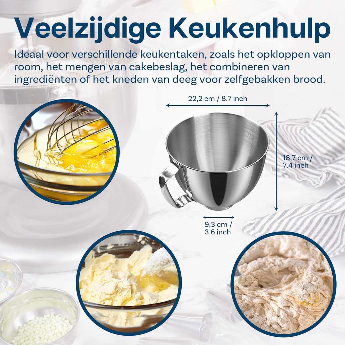 Roestvrijstalen Mengkom voor KitchenAid 4.5-5 Quart Tilt-Head Stand Mixers Artisan & Classic Series van MMOBIEL - 5 QT RVS Mengkom met Handvat – Mengkom Vervanging - Vaatwasmachinebestendig thumbnail 3