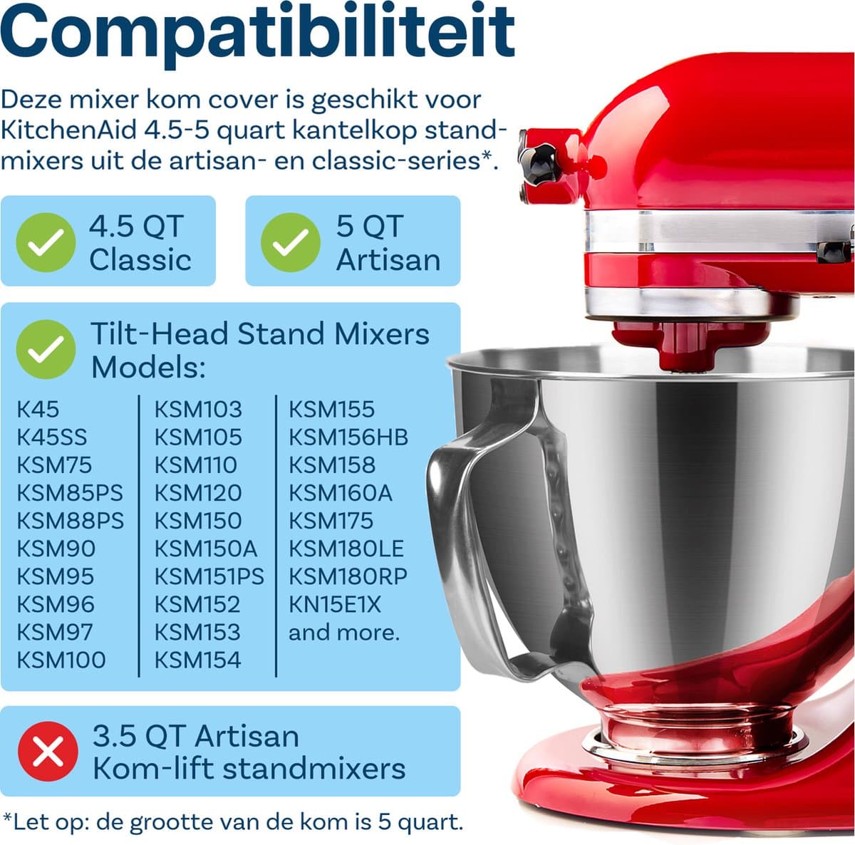 Roestvrijstalen Mengkom voor KitchenAid 4.5-5 Quart Tilt-Head Stand Mixers Artisan & Classic Series van MMOBIEL - 5 QT RVS Mengkom met Handvat – Mengkom Vervanging - Vaatwasmachinebestendig thumbnail 2