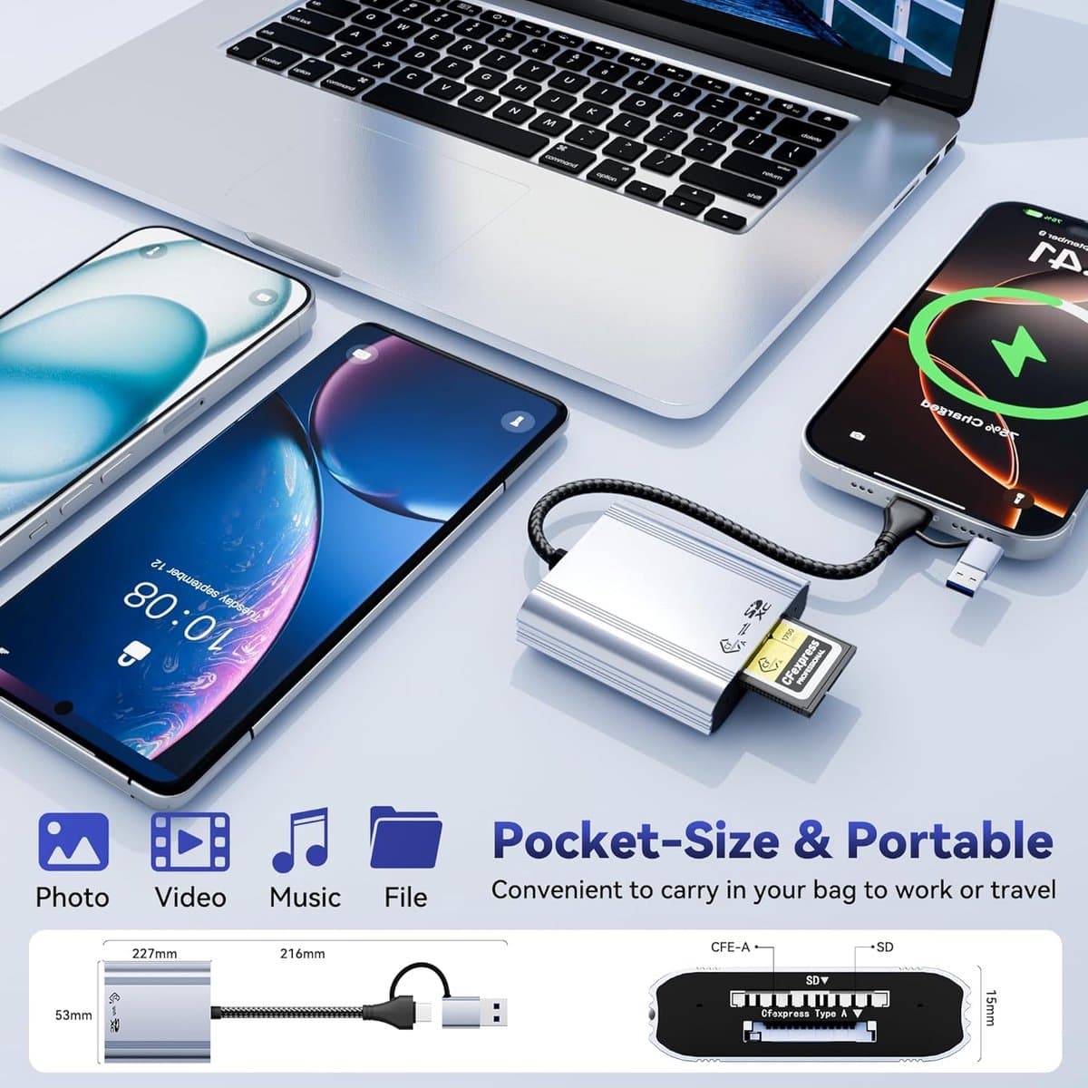 Geheugenkaartlezer - Kaartlezer USB C - Snelle Data Overdracht - 2-in-1 Aansluiting - 12.4 x 8.2 cm thumbnail 6