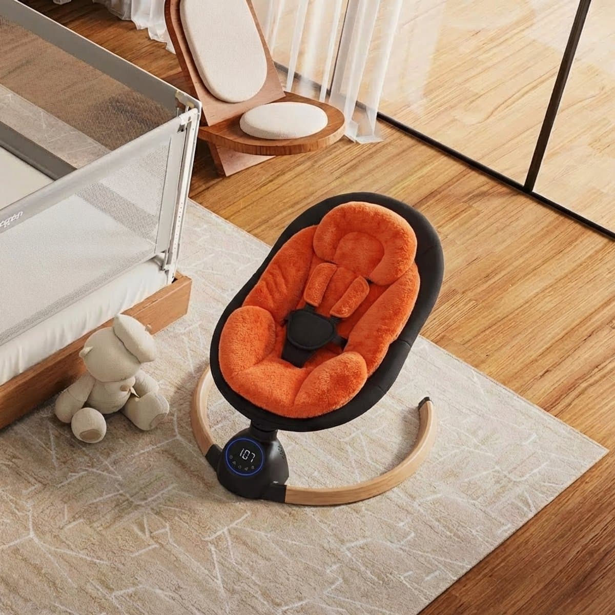 3Babies® Baby Swing – Elektrisch Wipstoel – Babyschommel – Elektrische Schommelstoel baby – Wasbare Bekleding – Afstandsbediening en App – Teddy Materiaal – Oranje en zwart thumbnail 7