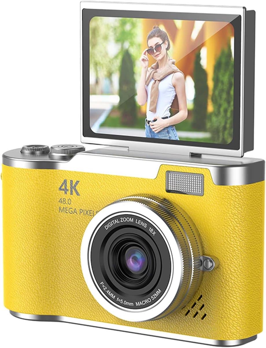 Digitale camera - 1080P HD 48MP digitale point-and-shoot camera met 2,4 inch HD-klapscherm, ingebouwde LED-vullamp, 8x digitale zoom, voor tieners en studenten - met 32G geheugenkaart (geel)