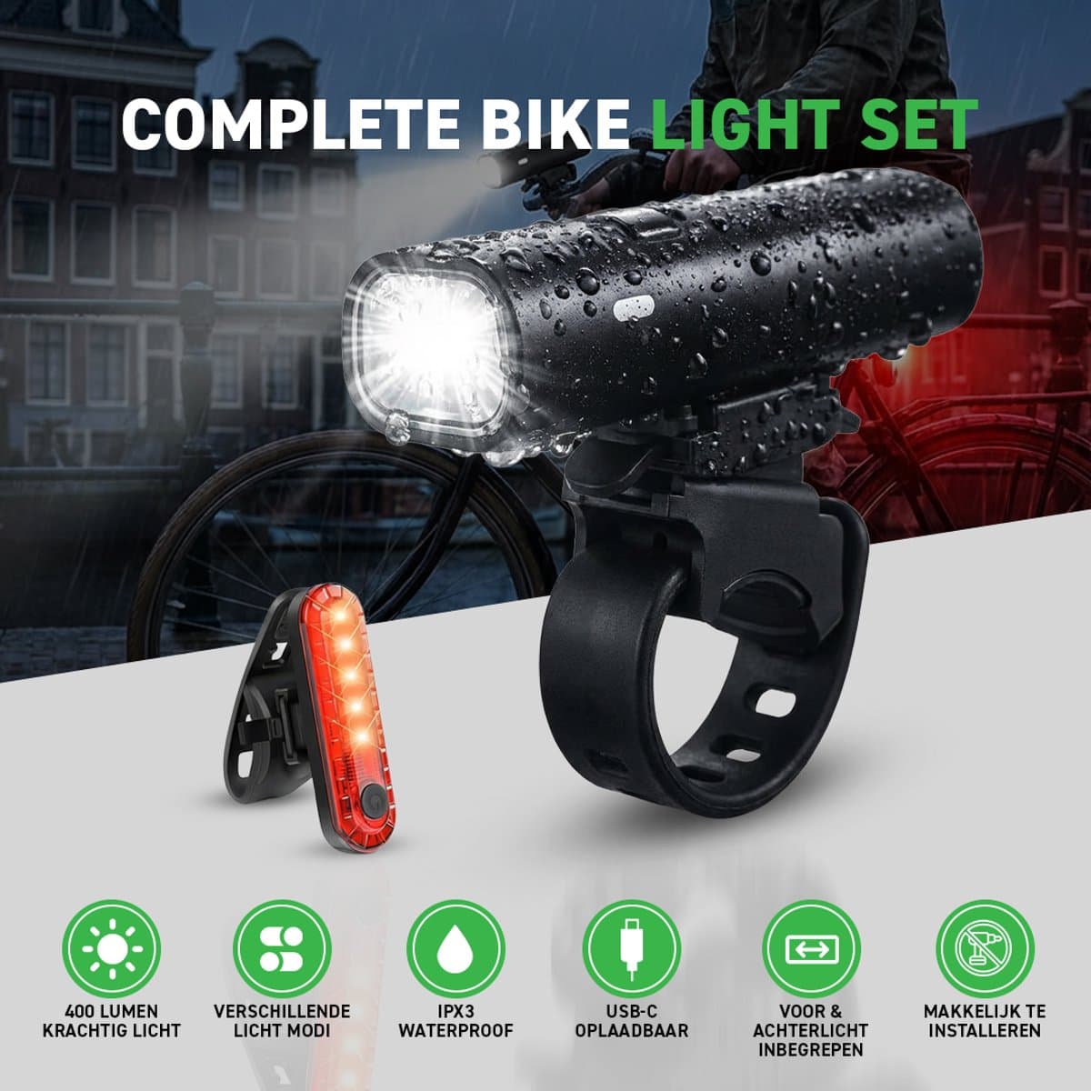 Mevon Fietsverlichting Set - 400 Lumen USB-C oplaadbaar thumbnail 3