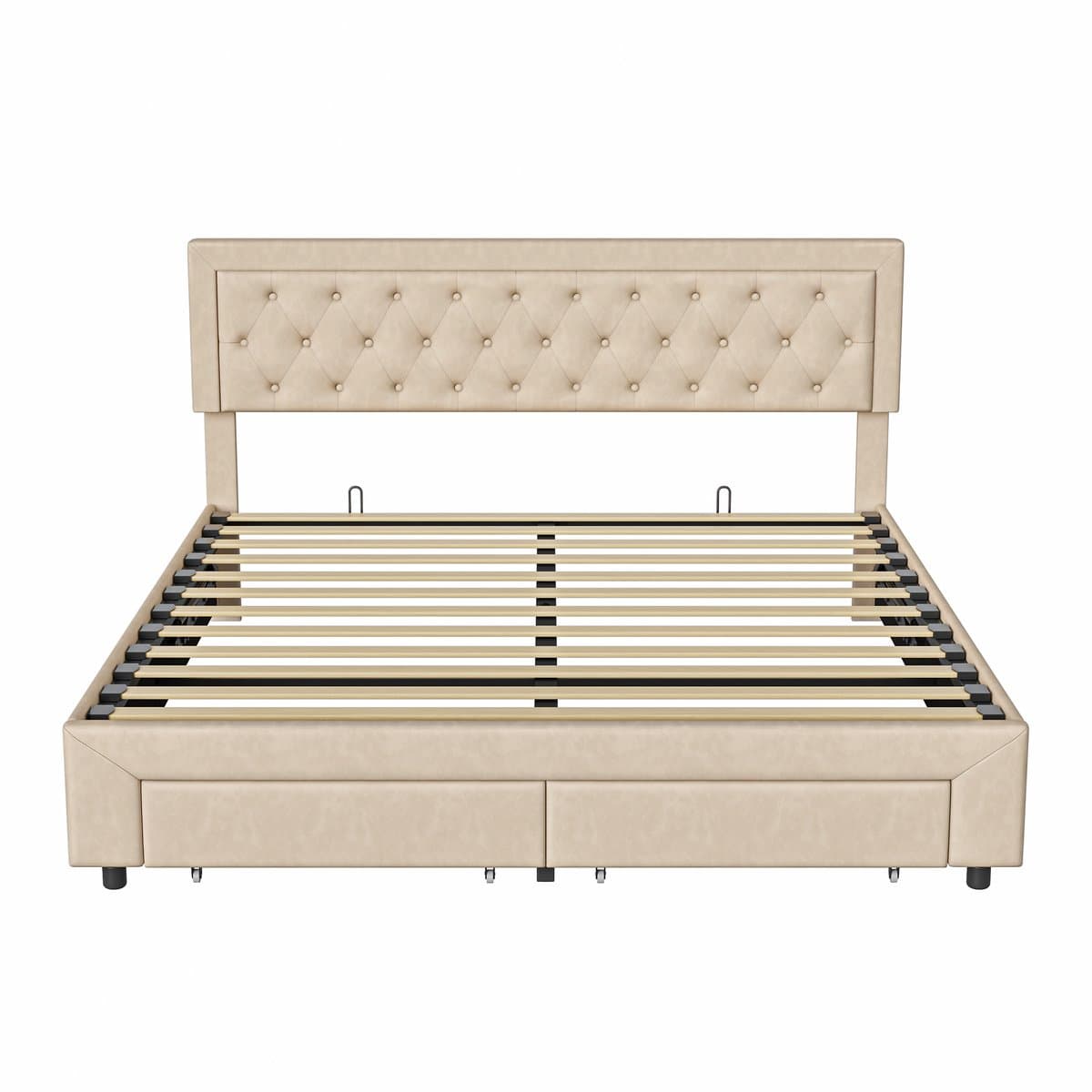 180x200 Fluwelen Opbergbed Beige – Gaslift Tweepersoonsbed met 2 Grote Lades bij Voeteneinde & Verborgen Opbergruimte – Bed 180x200 thumbnail 2