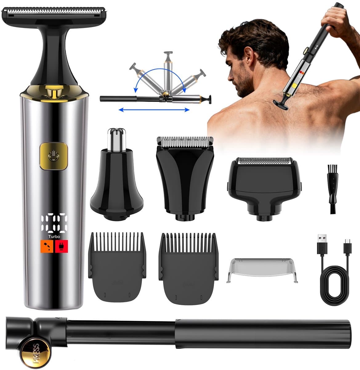 HATTEKER 4-in-1 Lichaamstrimmer Set - Rugtrimmer, Baardtrimmer, Neus-/Oortrimmer & Precisietrimmer - LED Display - Verbeterde thumbnail 3