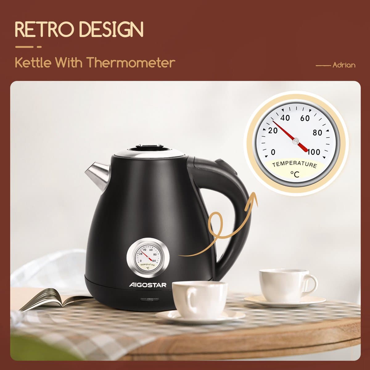 Aigostar Waterkoker Retro - BPA Vrij - 1,7 Liter - Elektrische Waterkoker - BPA-vrij - Anti calcium filter - RVS - 2200W- Zwart thumbnail 4