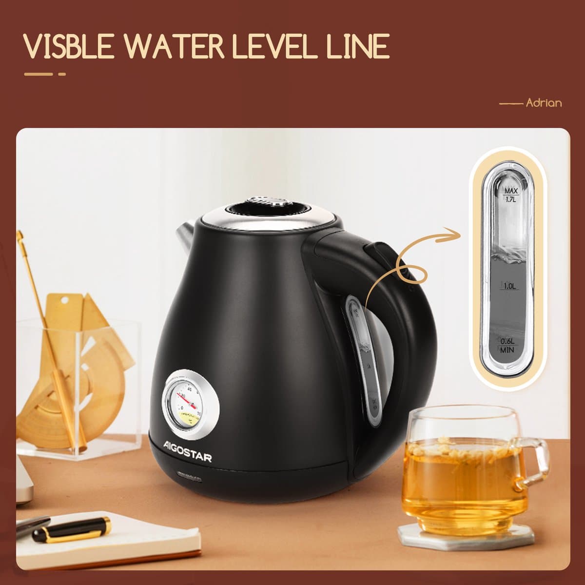 Aigostar Waterkoker Retro - BPA Vrij - 1,7 Liter - Elektrische Waterkoker - BPA-vrij - Anti calcium filter - RVS - 2200W- Zwart thumbnail 7