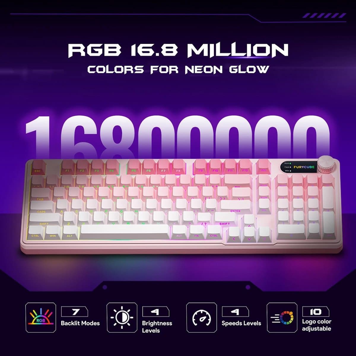 Furycube IP98 PRO - Mechanisch-Feeling Gaming Toetsenbord - 98 Toetsen - RGB Verlichting - Draadloos & Bedraad - 5000mAh Batterij - Roze thumbnail 3