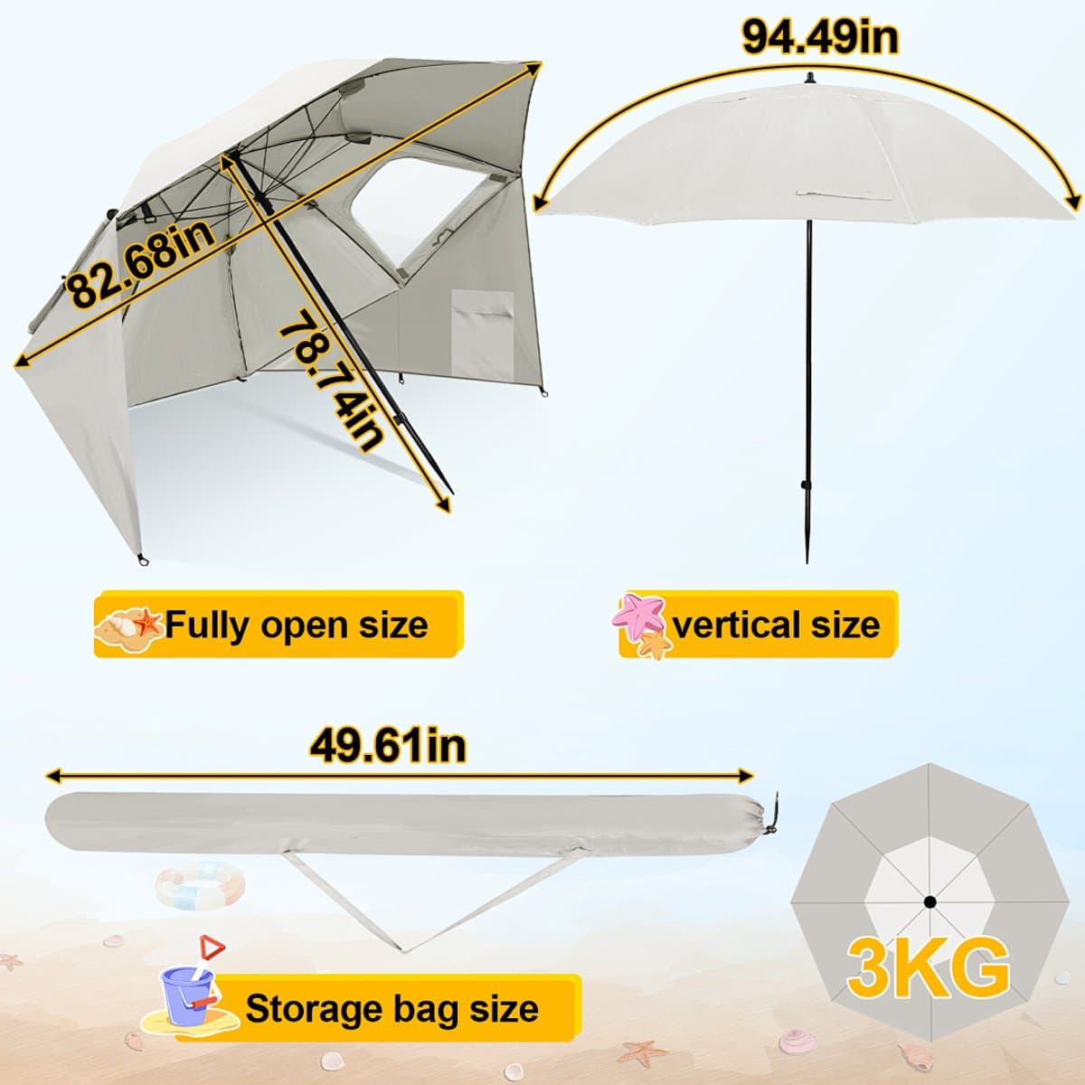 Lichtgewicht 2-in-1 strandparasol met UV50+ zonbescherming, stevig 210D Oxford doek met zilverlaag, compact opvouwbaar en makkelijk mee te nemen met draagtas, ideaal voor strand, camping en reizen thumbnail 2