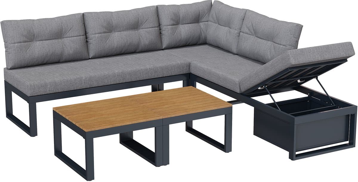 Sweiko Tuin loungeset - Hoekbank + salontafel - Verstelbare rugleuning - Met kussens - Opbergruimte - Grijs thumbnail 7