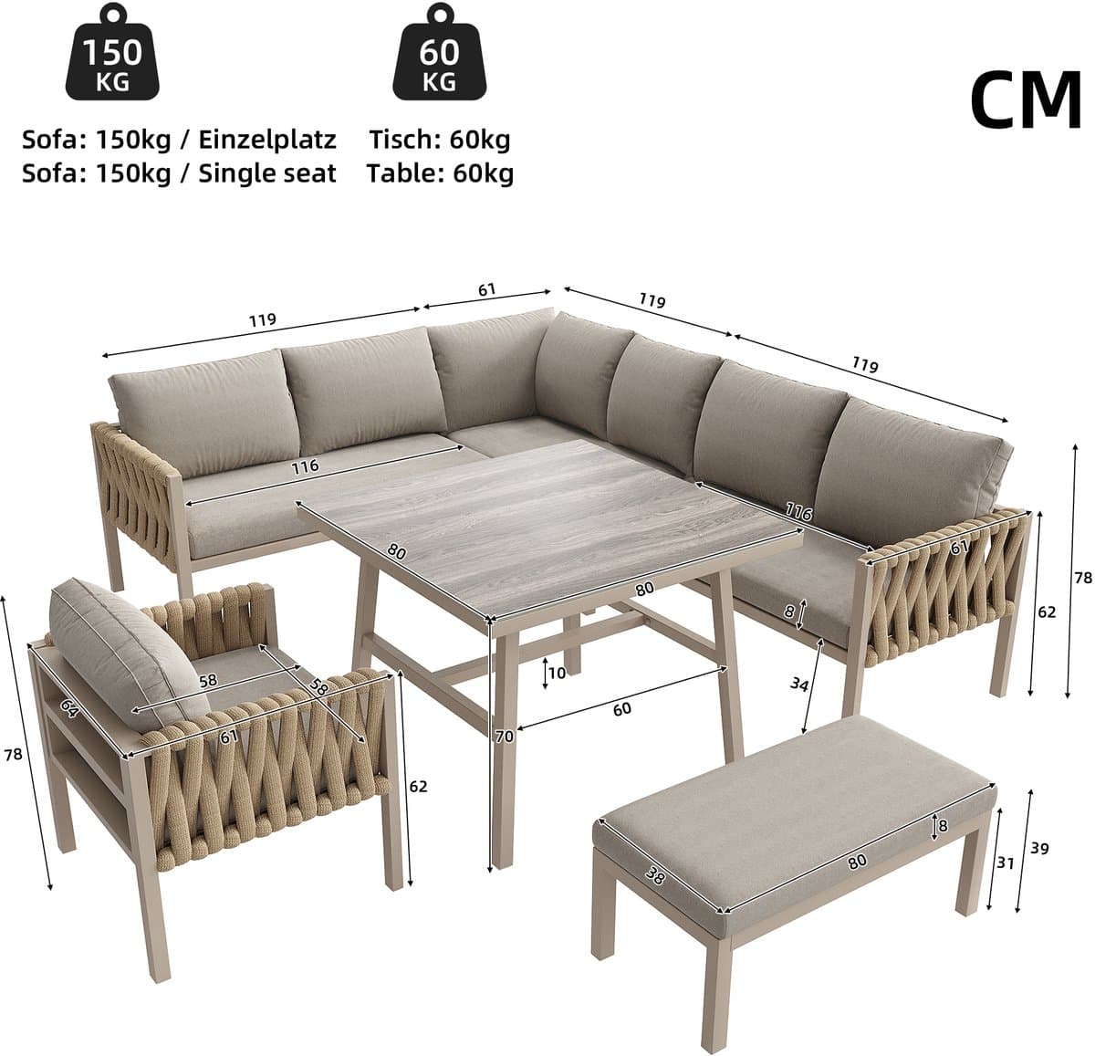 HAUSS SPOLE Loungeset 5 Delig 238 Cm - Hoekbank Met Verstelbare Poten En Glazen Tafel - Voor Tuin En Terras - Metaal - Beige thumbnail 6