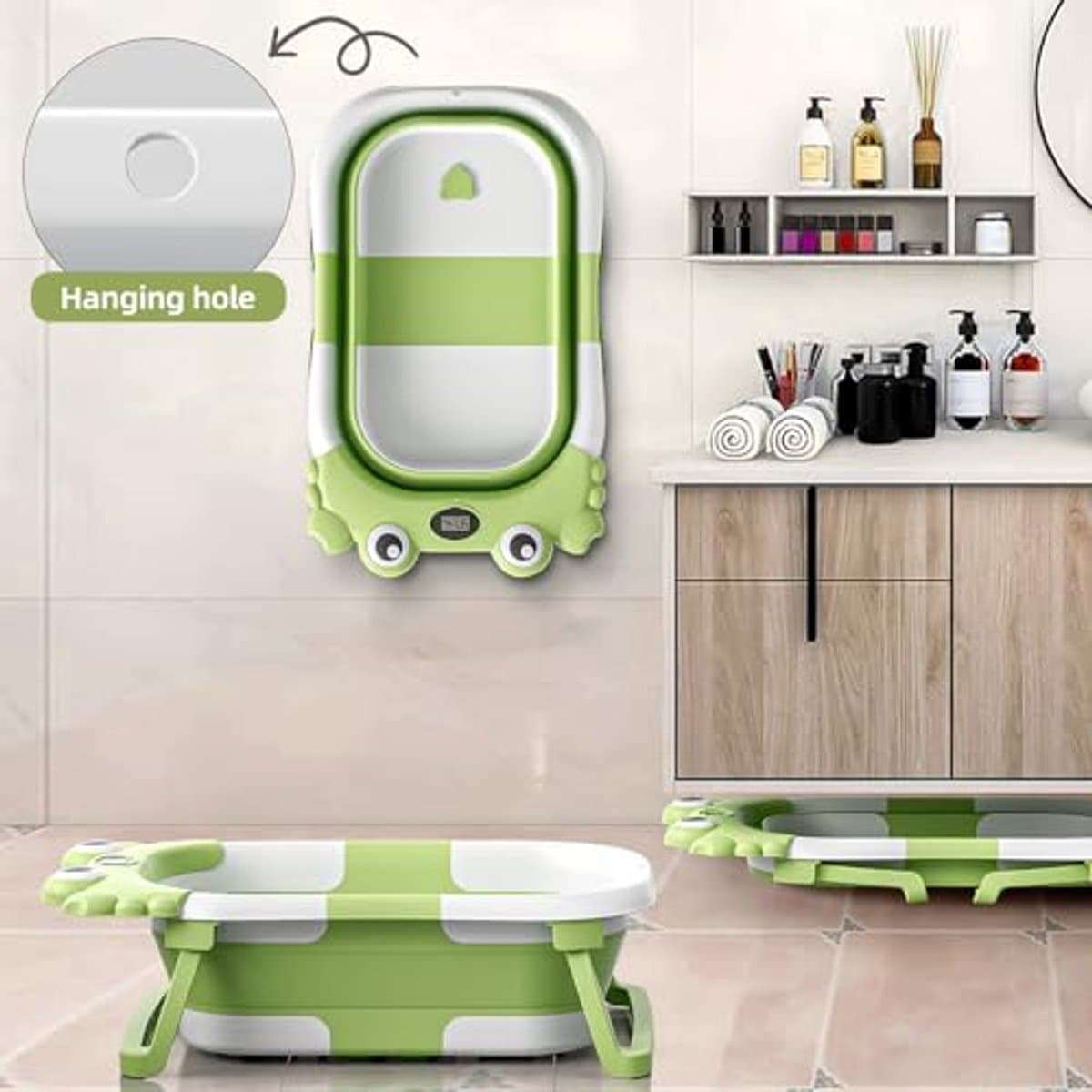 Opvouwbare babybadkuip met temperatuurmonitor en drijvend kussen - Draagbaar reisbad voor baby's en peuters thumbnail 6