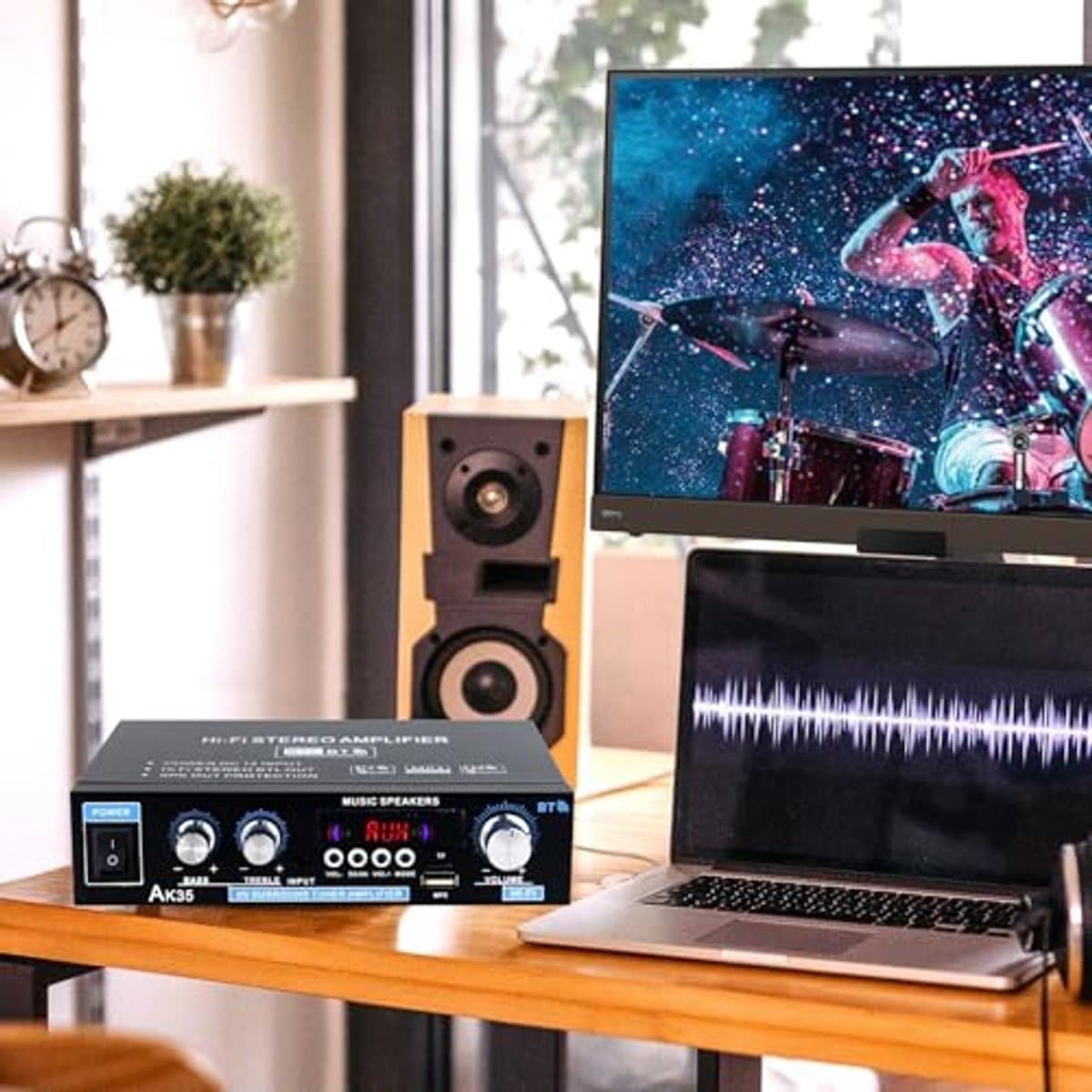 AK45 HiFi Amplifier, Bluetooth 5.0, Mini Bluetooth Stereo, Hi-Fi Stereo, Audio Amplifier with USB/MIC/FM/TF Audio Amplifier with Bass Treble Tuner, Digital Remote Control, for Home or Car thumbnail 3