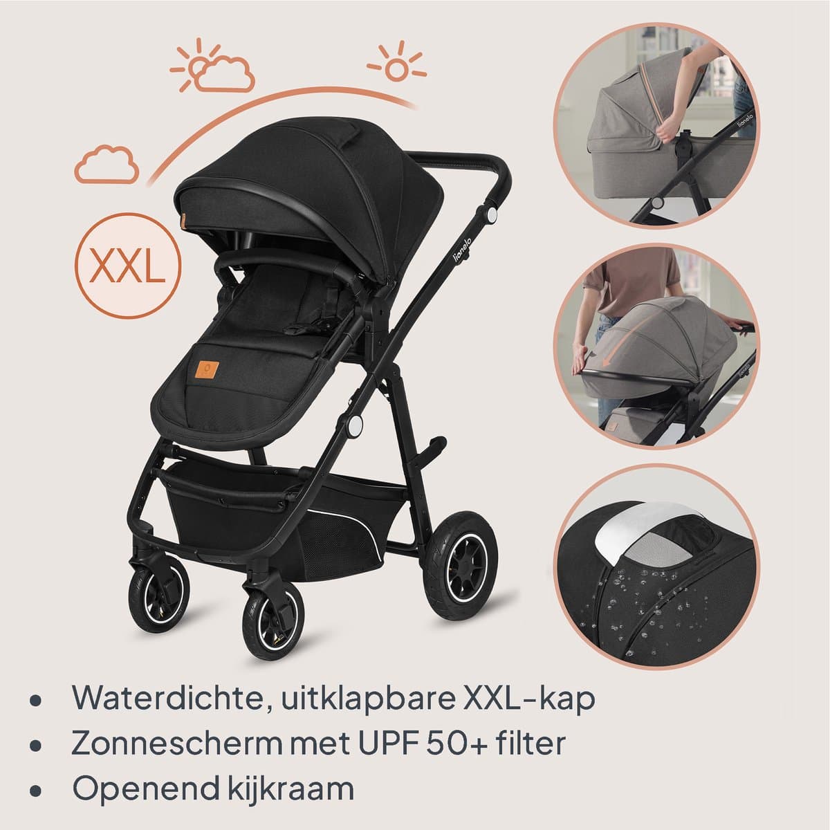 Lionelo Bianka Kinderwagen 3 in 1 - Reiswieg + Wandelwagen + Autostoel - Grote Luchtbanden, Volledige Vering - Inklapbaar - Verstelbare duwstang - Buggy Omkeerbare Zitting - 0-22kg - Accessoireset - Zwart thumbnail 4