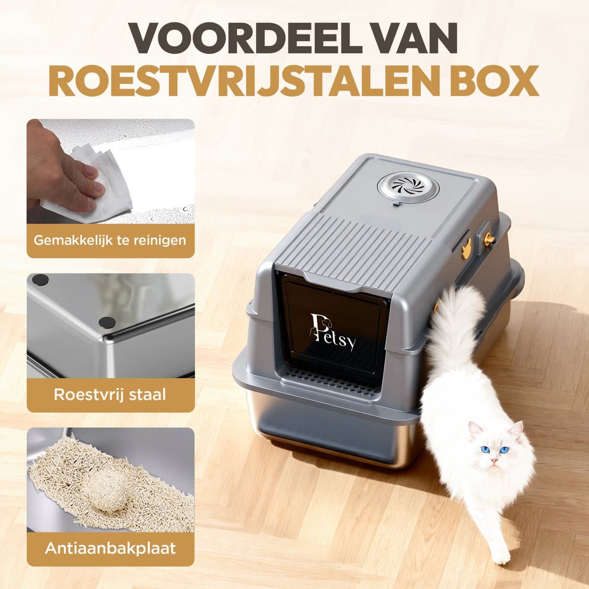Petsy® - Premium Kattenbak RVS Pro - XXL - Incl. Geurneutralisator - Incl. Kattenbaks… thumbnail 6