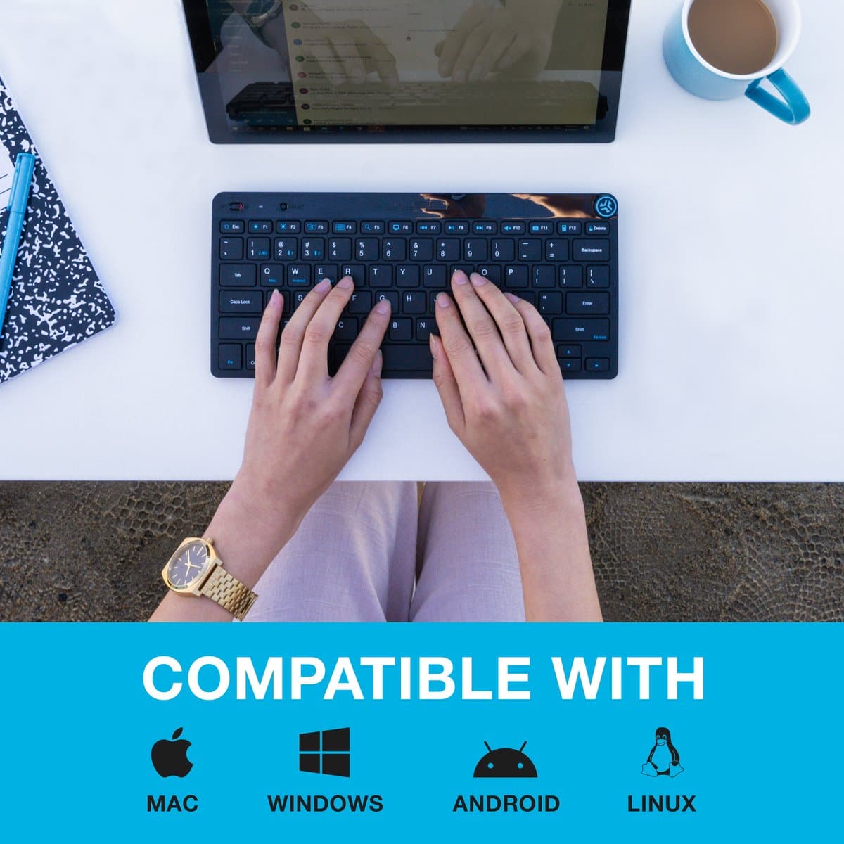 JLab GO Draadloos Toetsenbord - Bluetooth of USB dongle verbinding - 3 Devices - Stille toetsen - Compact design - Volumeknop - Qwerty thumbnail 3