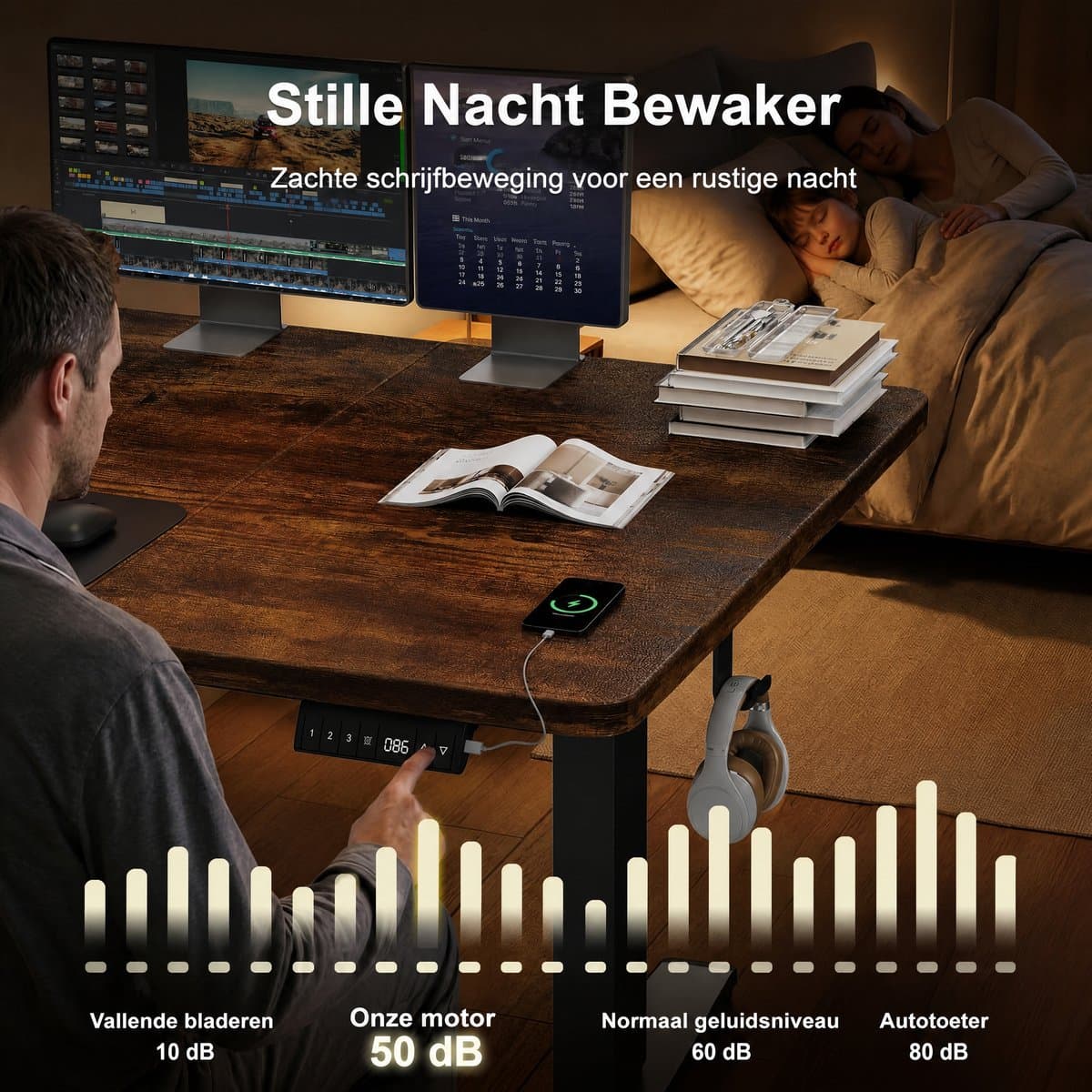 Elektrisch Zit-Sta Bureau 160x80 cm – 18 mm Dik Tafelblad – 3 Geheugenstanden – USB en Zit-alarm – Kabelmanagement – Zwart frame met donker houtlook blad thumbnail 7