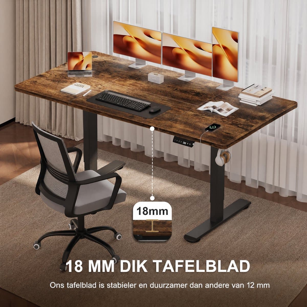 Elektrisch Zit-Sta Bureau 160x80 cm – 18 mm Dik Tafelblad – 3 Geheugenstanden – USB en Zit-alarm – Kabelmanagement – Zwart frame met donker houtlook blad